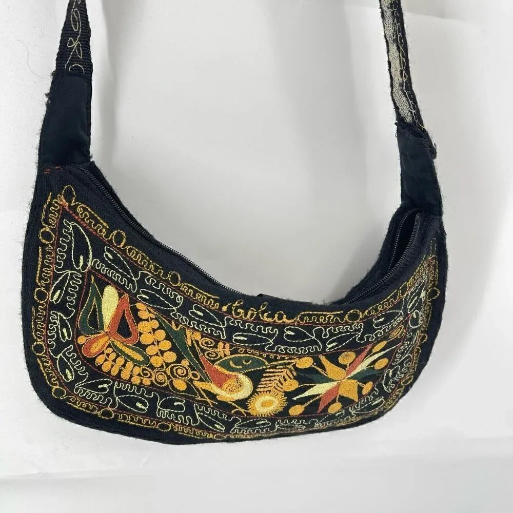 Womens Boho Bag Embroidered Handbag Purse handmade Black Multicolor